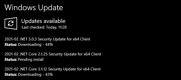 Windows Updates of .NET Core in progress.