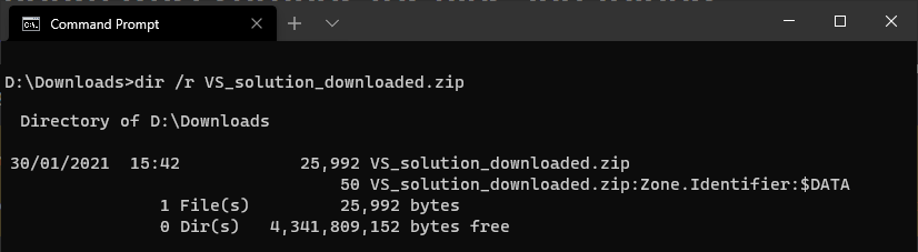 Command prompt: dir /r VS_solution_download.zip